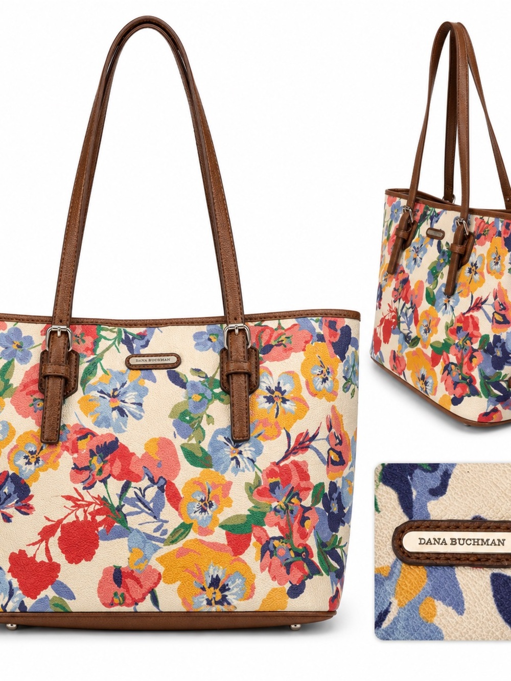 Dana Buchman Floral Shoulder Tote Bag Multicolor Brown Trim